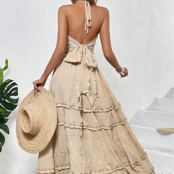 Apricot Boho Women's Solid Color Backless Halter Tie Frill Hem Dress - Picture 3 of 6